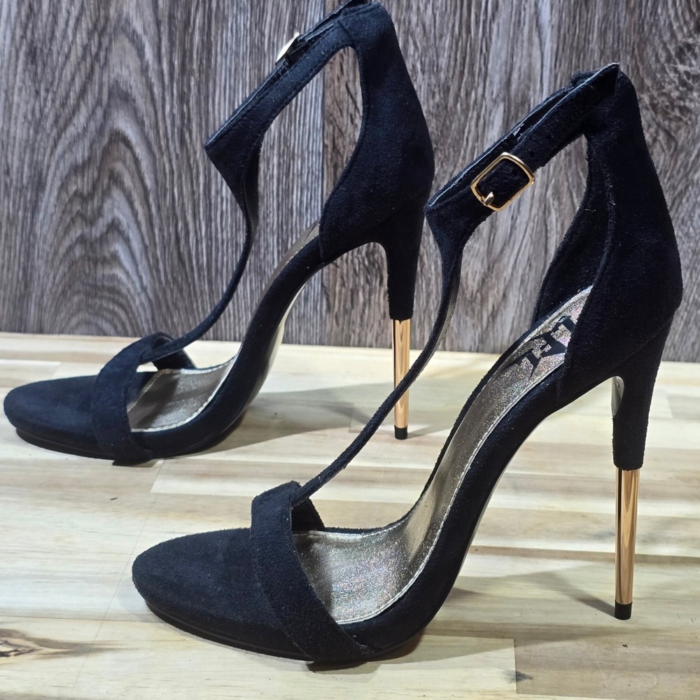 Black Suede Stiletto High Heel Ankle‎ Strap T Strap Sandals Women's Size 6